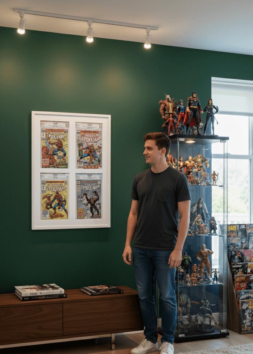 White shadowbox frames displaying vintage comic book collection with Spider-Man issues on green accent wall demonstrating 0.75 inch clean moulding for pop culture memorabilia collectible preservation comic collector displays and contemporary gallery wall styling with custom shadowbox picture frames
