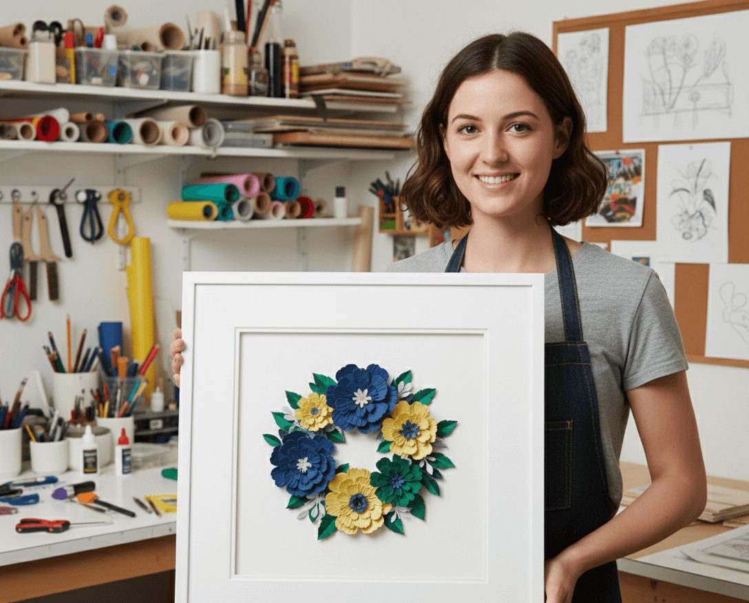 Crafter displaying white shadowbox picture frame featuring handcrafted paper flower wreath with blue and yellow blooms in artist studio demonstrating 0.875 inch depth for preserving paper crafts floral artwork and custom handmade dimensional shadow box picture frames