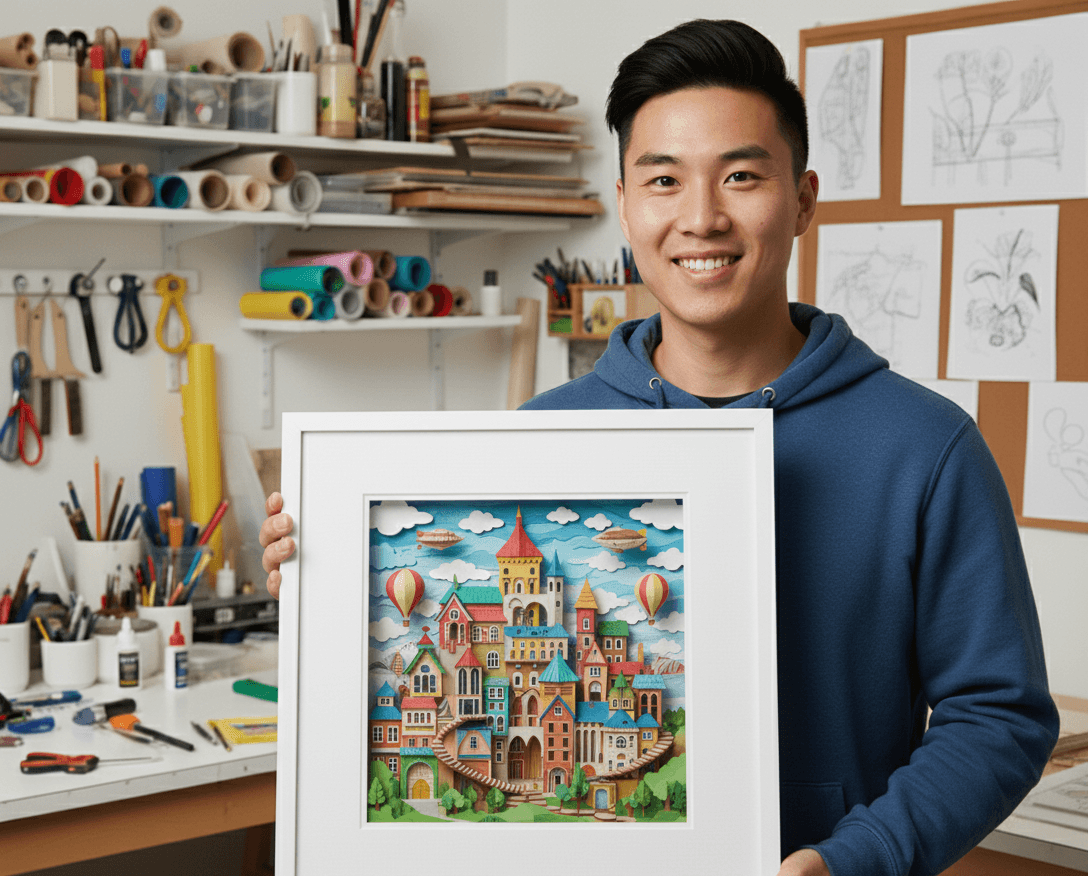 Person displaying white shadowbox picture frame featuring colorful paper art cityscape with hot air balloons in artist workspace demonstrating 0.875 inch depth for children's room décor whimsical artwork displays and custom framed paper craft shadow box creations