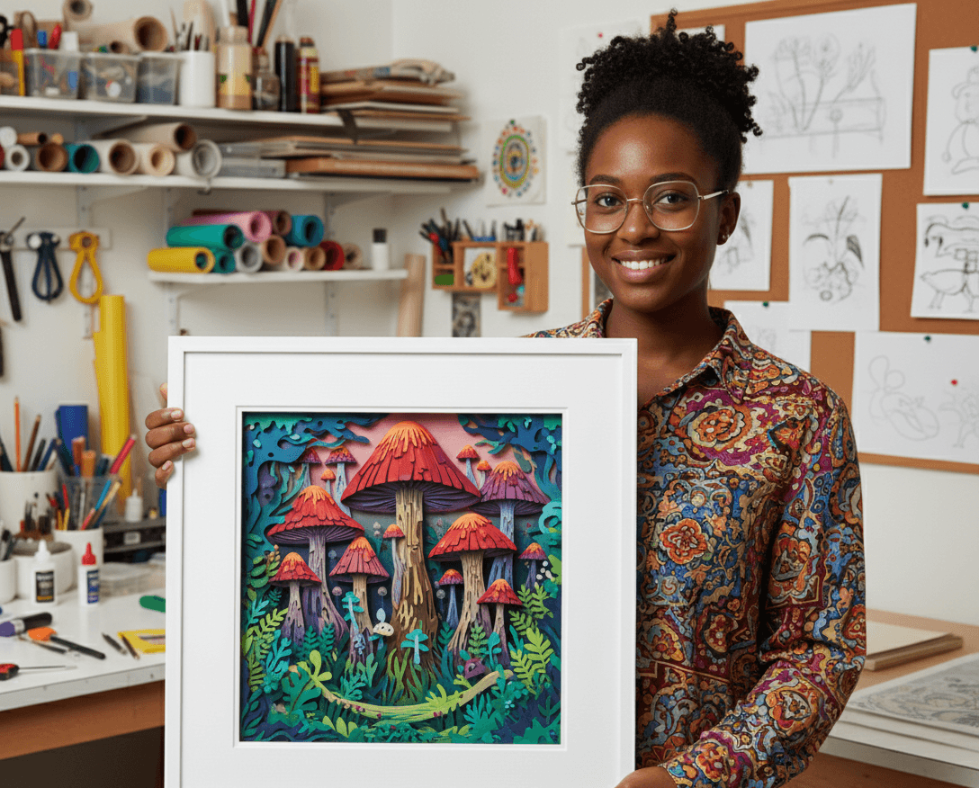 Woman in craft studio displaying white shadowbox picture frame featuring fantasy paper art with whimsical mushroom village demonstrating 0.875 inch usable depth for fairy tale artwork imaginative paper crafts and creative dimensional shadow box presentations