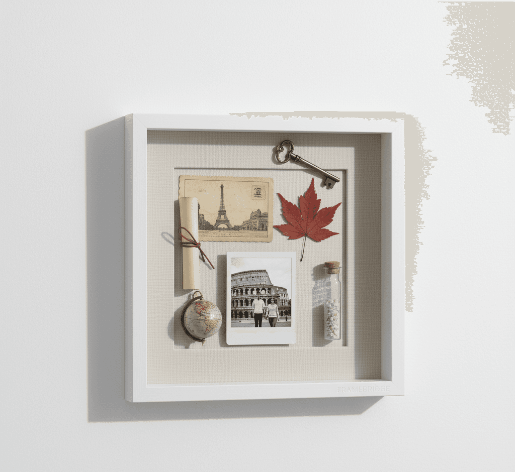 White shadowbox frame with 0.75 inch moulding width showcasing travel memories collection with vintage Paris postcards Eiffel Tower imagery autumn maple leaf miniature globe antique skeleton key and glass vial utilizing 0.875 inch depth for preserving vacation keepsakes European travel souvenirs and dimensional memory picture frames