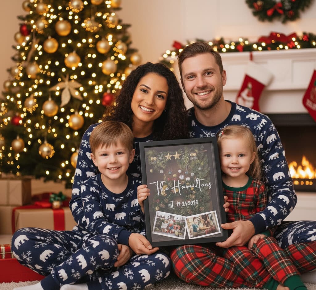 Family Christmas shadowbox picture frame with contemporary black finish displaying holiday ornaments pine garland family photos and personalized nameplate demonstrating 1.25 inch usable depth for seasonal memory preservation in custom dimensional keepsake frames