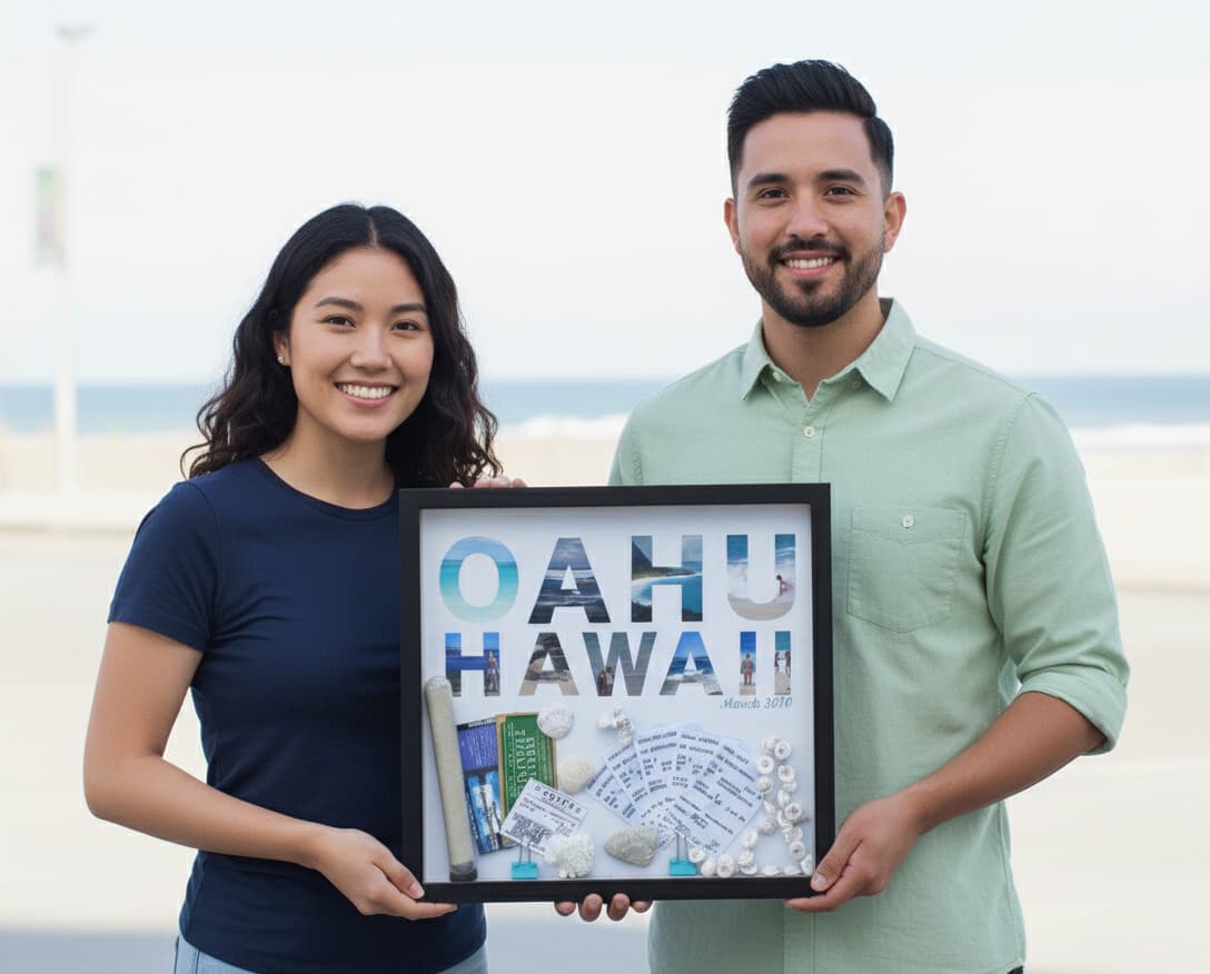 Hawaii travel shadowbox picture frame in wide-profile black finish displaying Oahu beach memorabilia with sand shells boarding passes and family photographs demonstrating 1.25 inch usable depth for vacation memory preservation in custom dimensional keepsake frames