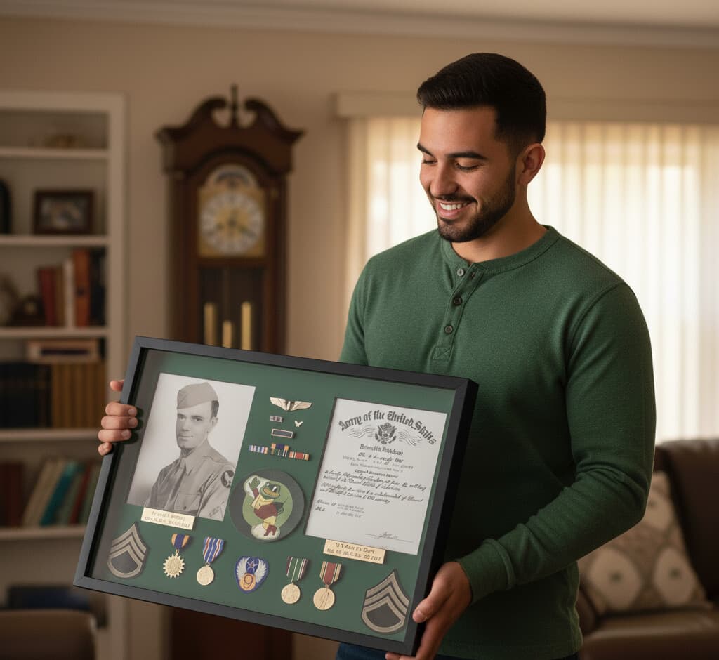 WWII military shadowbox frame with contemporary black finish and 1 inch moulding displaying Army Air Forces veteran photograph service medals unit patches uniform beret and honorable discharge certificate utilizing 1.25 inch depth for professional military heritage preservation picture frames