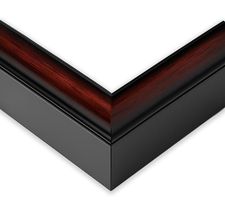 Extra Deep Brown Shadowbox corner detail showing precision mitered joint with sophisticated two-tone finish featuring black outer edge and rich mahogany brown wood grain interior perfect for professional ultra deep shadowbox displays