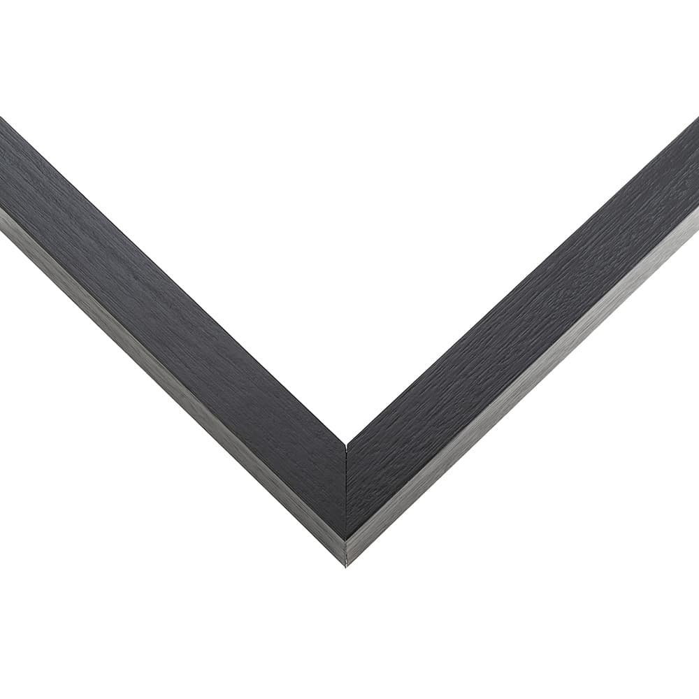 Narrow Black Deep Shadow Box corner detail showing precision mitered joint with refined black wood grain finish and ultra-slim 0.75 inch moulding width perfect for modern minimalist shadowbox displays