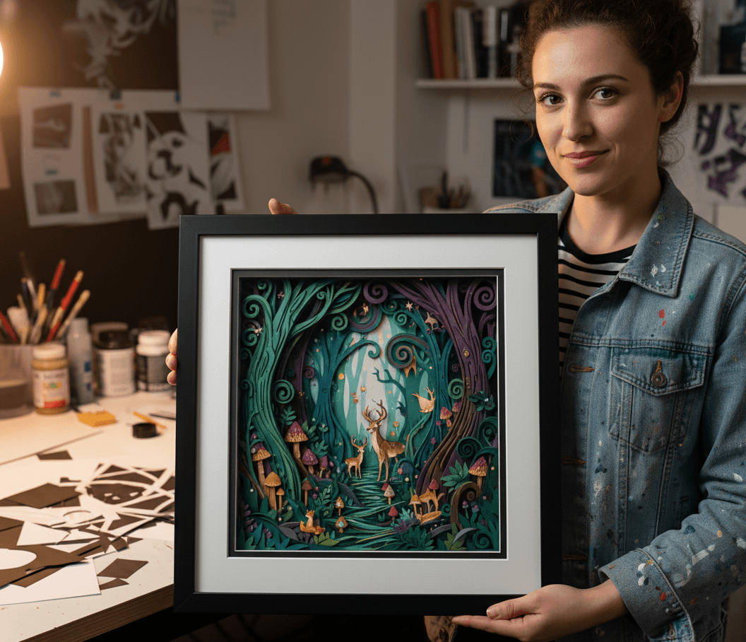 Black shadowbox frame with white mat board displaying intricate papercut fantasy woodland scene featuring dimensional layers deer mushrooms and flowing trees demonstrating professional shadowbox framing for layered paper art using conservation matting and 1 inch depth for sculptural artwork preservation