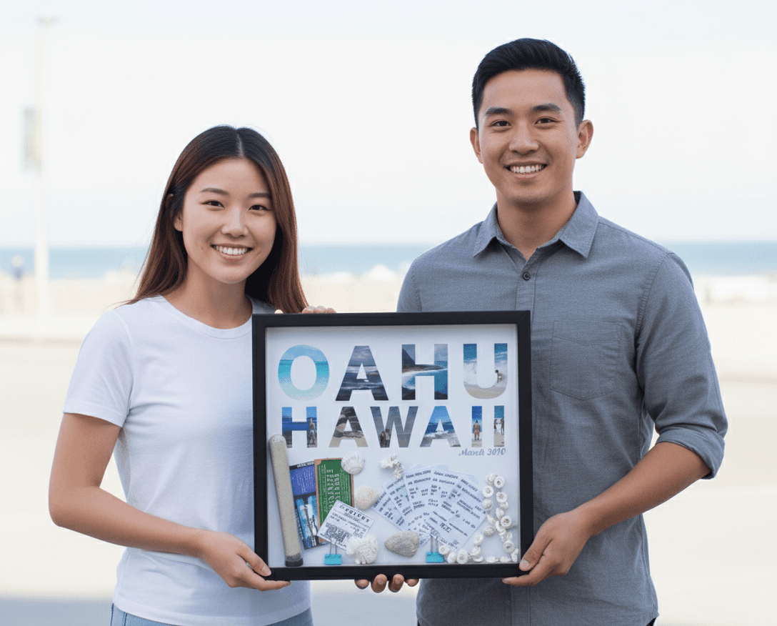 Black picture frame shadowbox displaying Hawaii Oahu travel memory collection with tickets shells sand and photo letter typography demonstrating vacation memorabilia framing using 1 inch depth for beach souvenirs and destination keepsake shadowbox displays