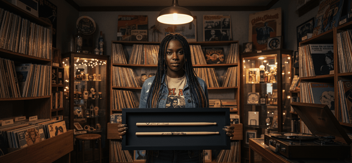 Black shadowbox picture frame displaying signature drumstick collection against record collection backdrop demonstrating music memorabilia framing using 1 inch depth capacity ideal for autographed drumsticks concert keepsakes and musician collectibles in slim matte black frame