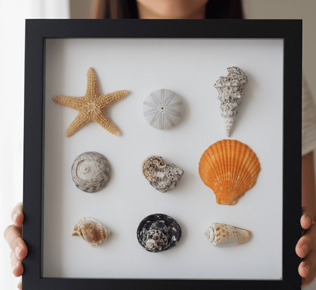 Slim matte black shadowbox frame displaying arranged seashell collection in grid pattern featuring starfish sand dollar conch shells and scallops demonstrating coastal memorabilia framing using 1 inch depth capacity ideal for beach finds shell collections and nautical decor picture frames