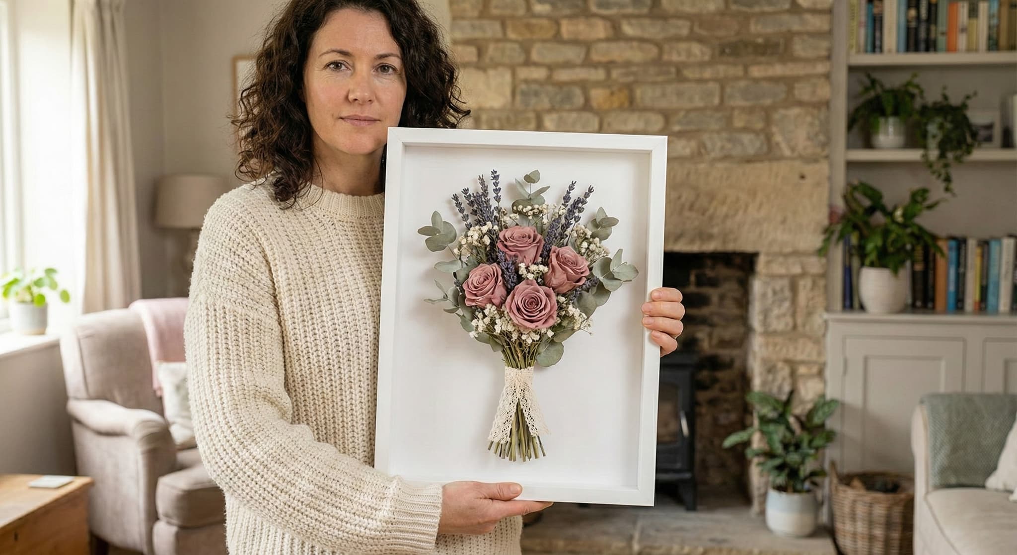 Preserved wedding bouquet in shadow box frame