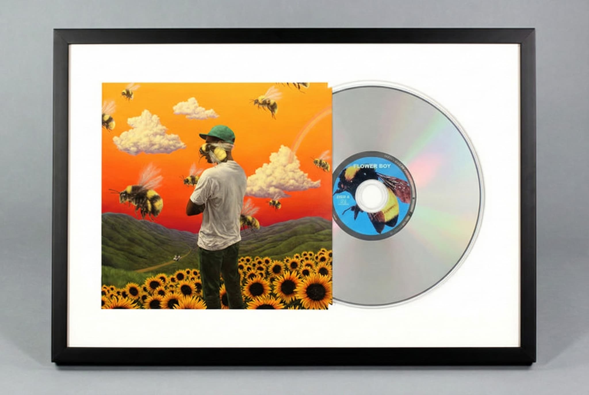 Framed CD album with jewel case and disc mounted on living room wall near music collection
