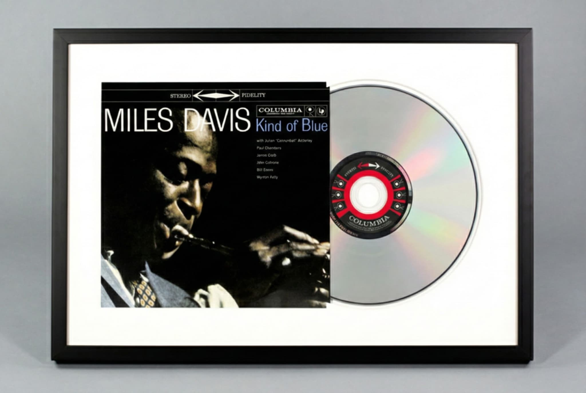 Multiple CD frames arranged on music room wall showing artist collection display