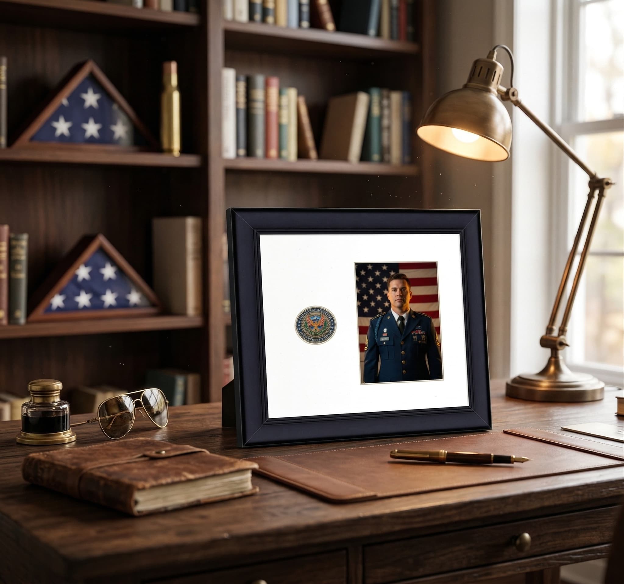 Challenge coins displayed in custom shadow box frame