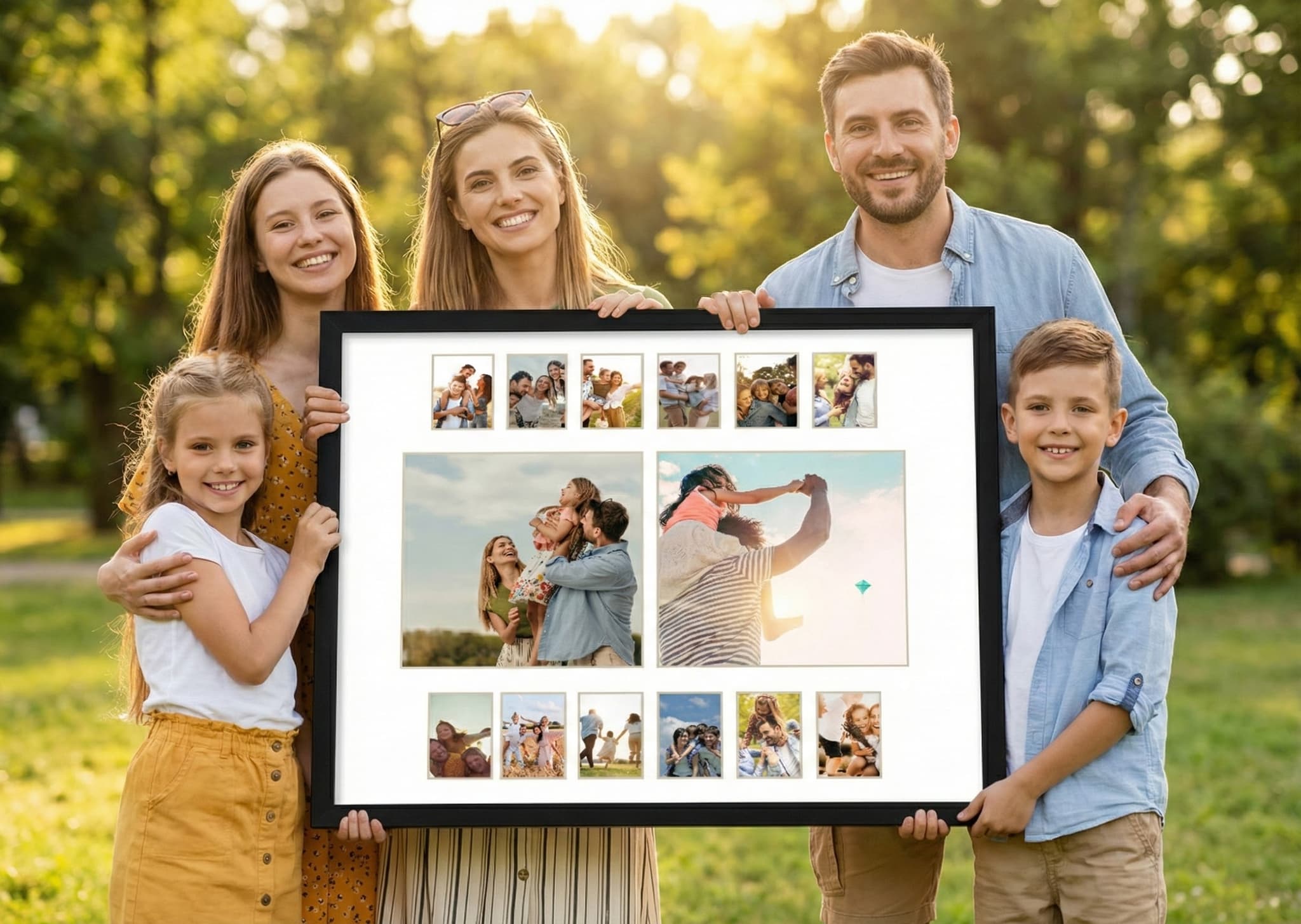 Photo collage shadow box frame on living room wall