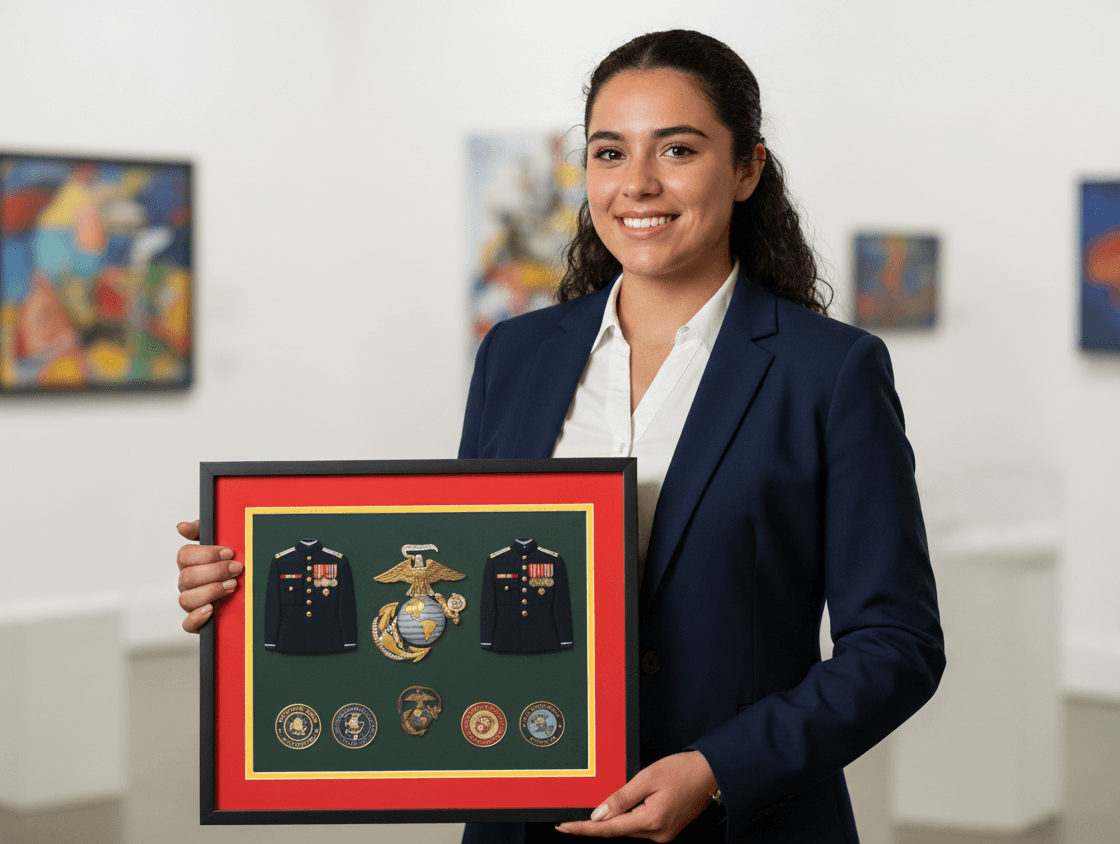 Military shadow box with medals and flag