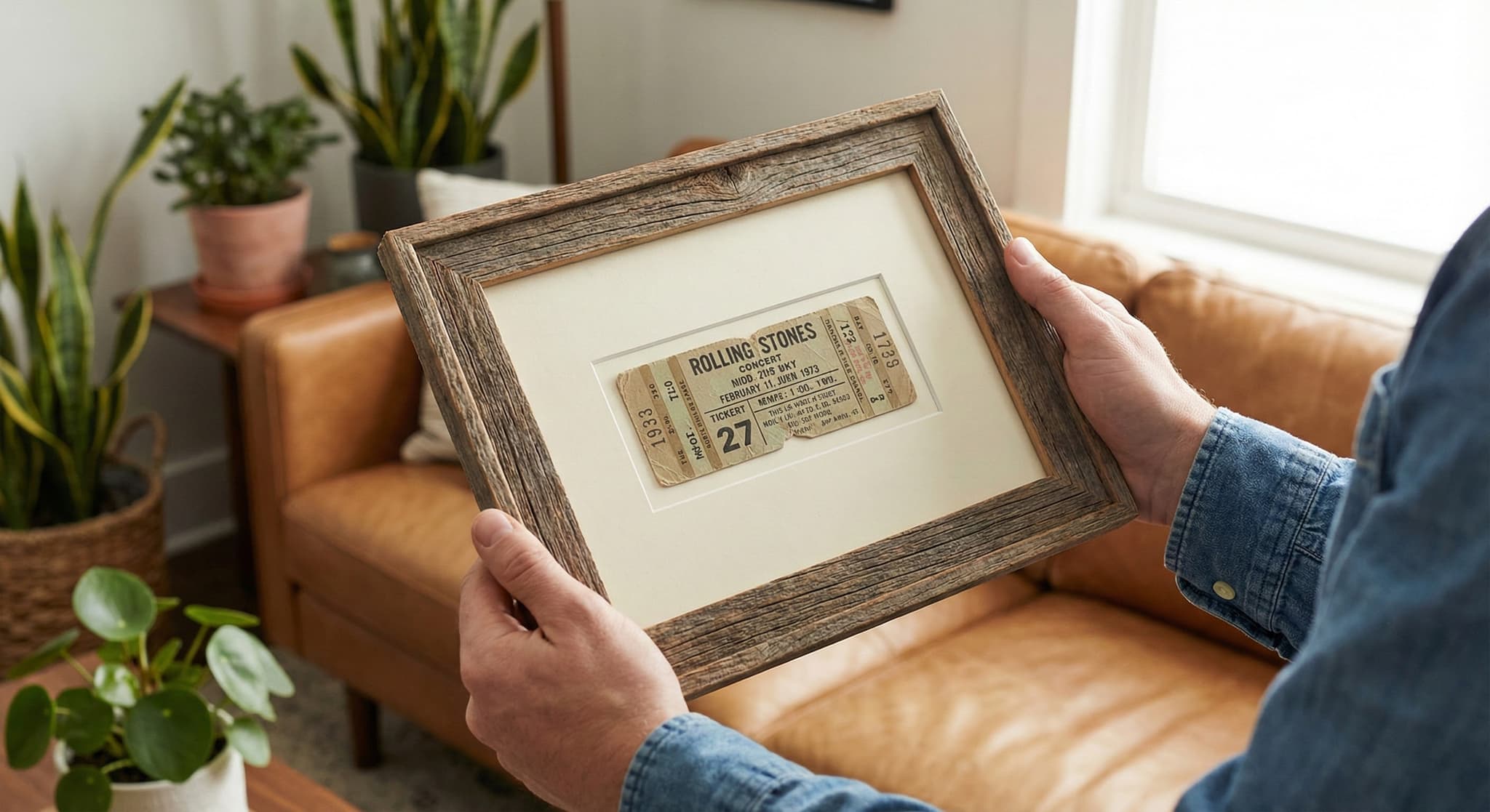 Framed concert ticket stubs and event memorabilia